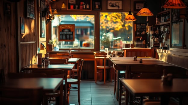 A restaurant with tables and chairs in the sunlight photo
