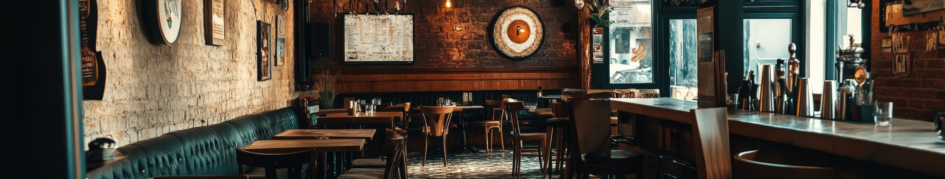 Cozy empty restaurant adorned with rustic decor and warm lighting photo