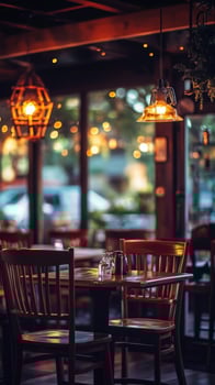 Cozy empty restaurant with warm lighting and wooden furniture at dusk photo