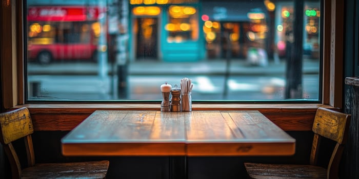 A cozy empty restaurant table by the window during a rainy evening photo