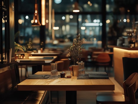 Cozy empty restaurant with warm lighting and elegantly set dining tables photo