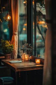 Cozy empty restaurant table with ambient lighting during evening hours photo