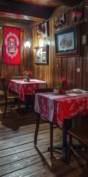 Cozy interior of an empty rustic restaurant with charming red tablecloths photo