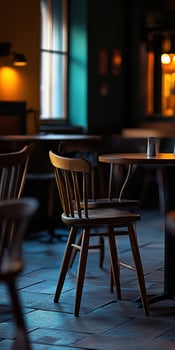 Cozy empty restaurant with wooden chairs and warm ambient lighting photo