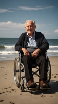 Old Age Elderly disabled Aging senior men in a wheelchair on the beach photo