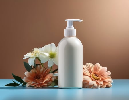 Lotion bottle with fresh flowers beside it isolated on minimalist background photo