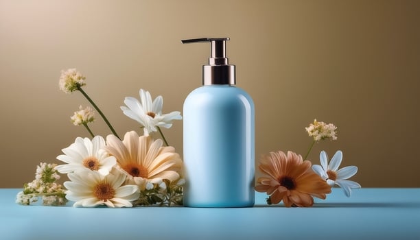 Lotion bottle with fresh flowers beside it isolated on minimalist background photo