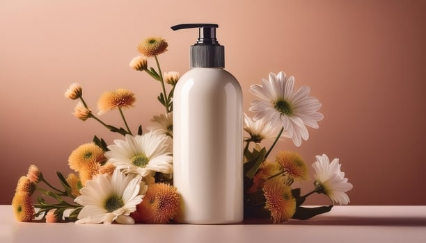 Lotion bottle with fresh flowers beside it isolated on minimalist background photo