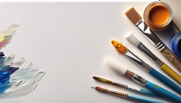 Paint and brushes lie on a white canvas. Creative Activities photo