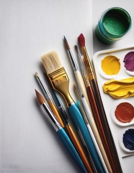 Paint and brushes lie on a white canvas. Creative Activities photo