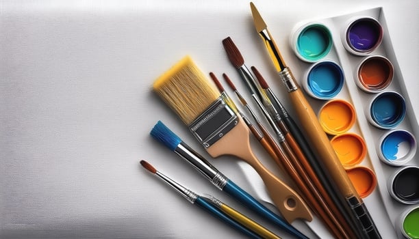 Paint and brushes lie on a white canvas. Creative Activities photo