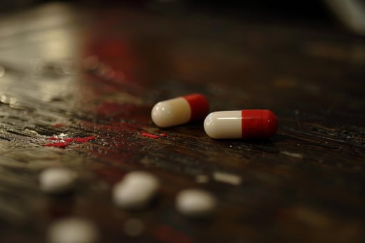 Red and white pills lying on wooden tabletop photo