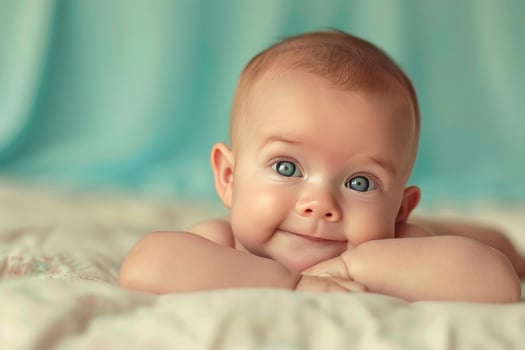 Adorable baby smiling and lying on stomach on blanket photo