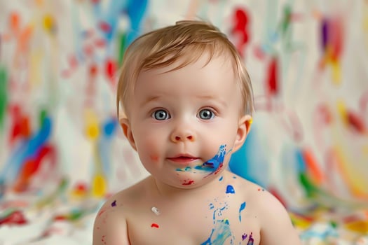 Adorable baby covered in paint smiling at the mess photo