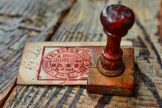Old wooden rubber stamp standing on vintage letter with postage stamp photo