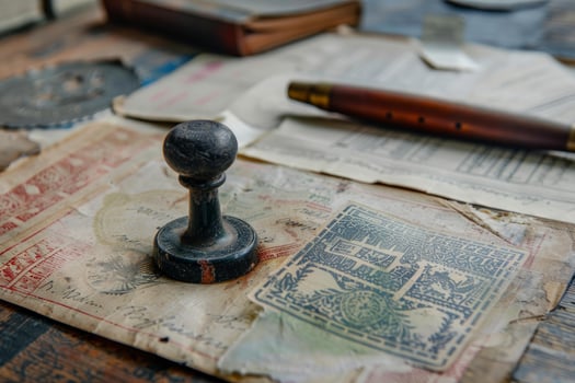 Old rubber stamp resting on top of important documents photo