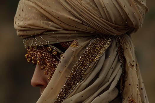Woman wearing elaborate golden headdress looking right photo
