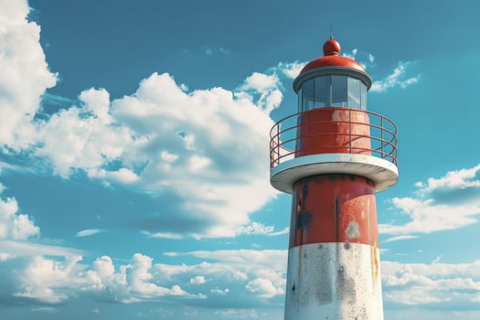 Red and white lighthouse standing tall under blue sky and clouds photo