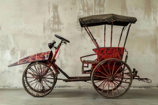 Antique red rickshaw with big wheels parked indoors photo