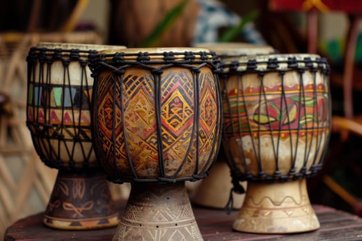 Three traditional african djembe drums displayed on wooden surface photo