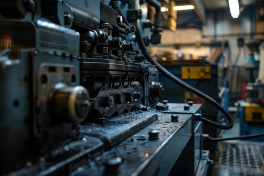 Industrial machine operating and producing metal parts in a factory photo