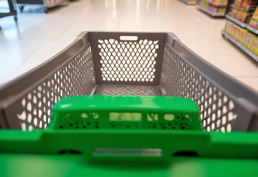 A green shopping cart is seen in a supermarket aisle photo