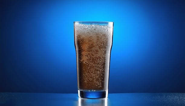 Carbonated soda glass on blue background photo