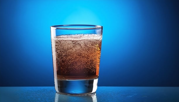 Carbonated soda glass on blue background photo