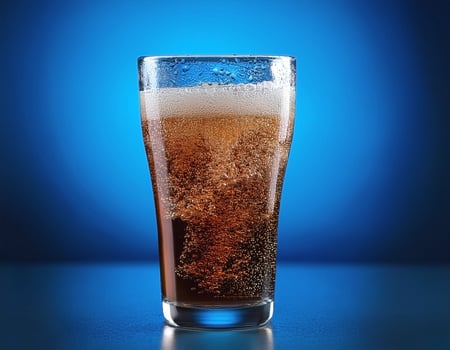 Carbonated soda glass on blue background photo