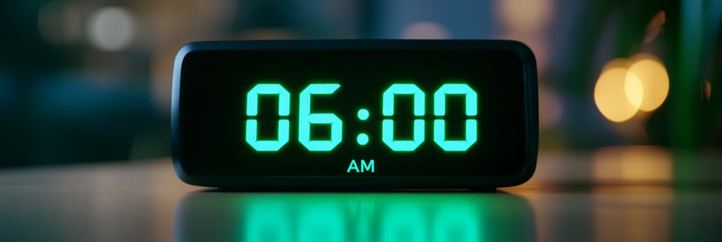 Close-up of a digital alarm clock displaying 6 00 AM in bright green numbers against a dark, blurred background photo
