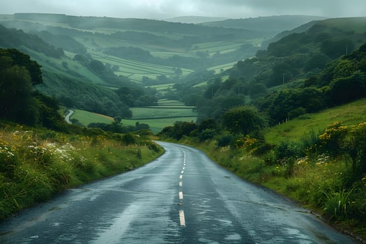 Misty Rural Landscape with Serene Winding Road in Verdant Hills photo