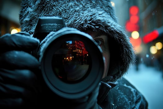 A Photographer Capturing a Cityscape Through a Camera Lens Covered in Snow photo