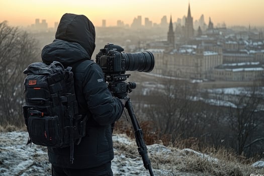 A Photographer Captures a Cityscape at Sunset photo