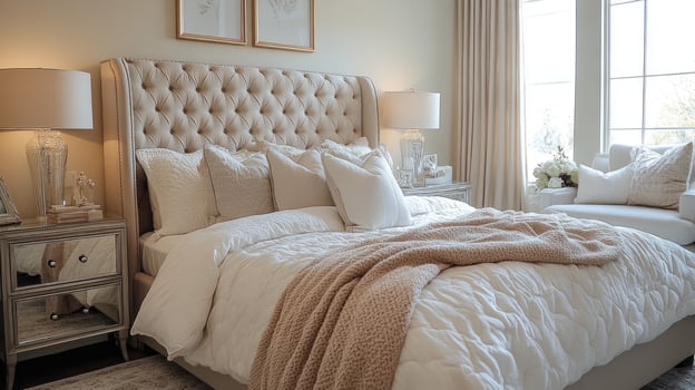 Large comfortable bed with soft pillows in a bright bedroom photo