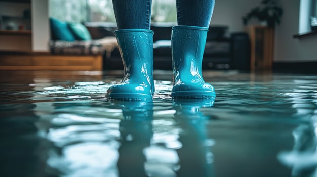 Person with blue boots standing in flooded house photo