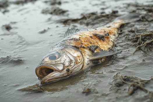 Dead fish floating in polluted water covered by oil spill photo