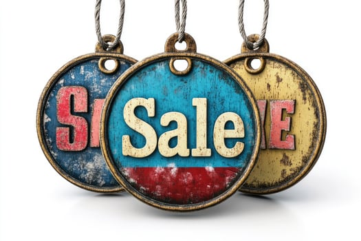 Three hanging vintage metal sale tags with scratched surface photo