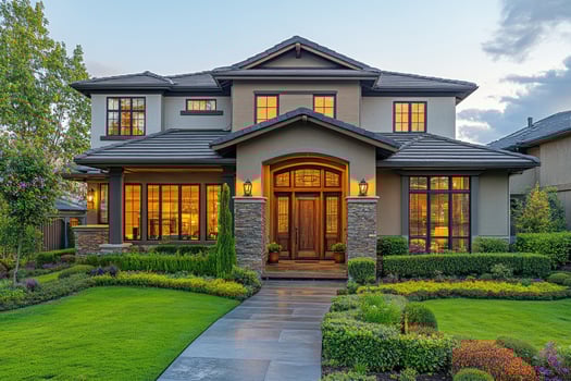 Beautiful luxury house with stone facade and landscaped yard lighting up at dusk photo