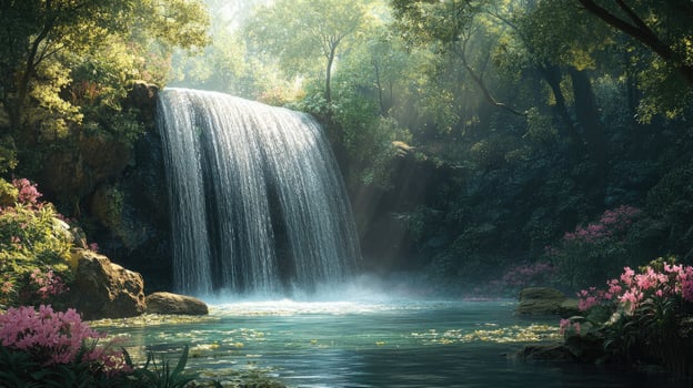 Waterfall cascading into tranquil pond in a lush forest photo