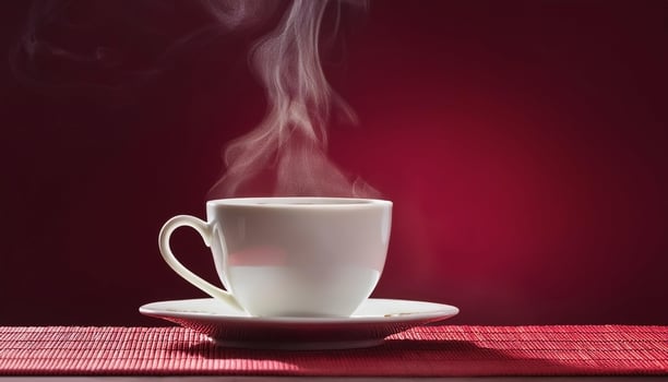Tea cup with steam, on maroon background photo
