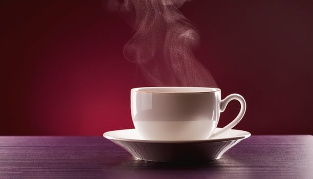 Tea cup with steam, on maroon background photo