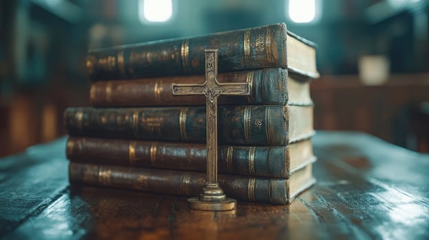 Antique religious books stacked on a table with a cross photo