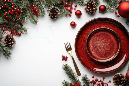 Beautiful christmas table setting with red plates, candles and decorations photo