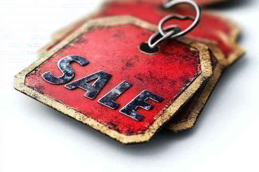 Red sale tags hanging with metallic chain on white background photo