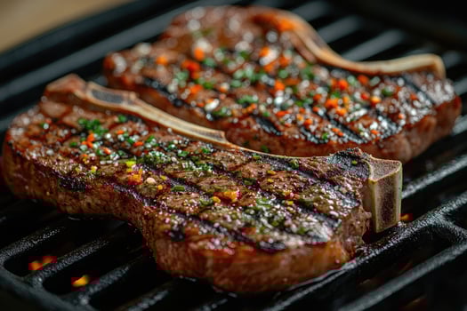 Juicy grilled t-bone steak with rosemary resting on grill pan photo