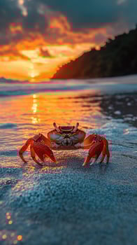 Red crab walking on the beach at sunset photo
