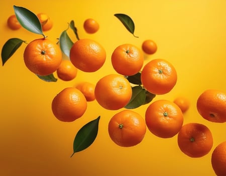 Flying mandarin oranges on a bright yellow background photo