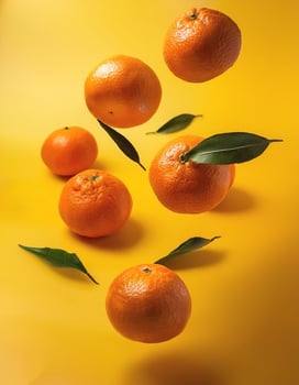 Flying mandarin oranges on a bright yellow background photo
