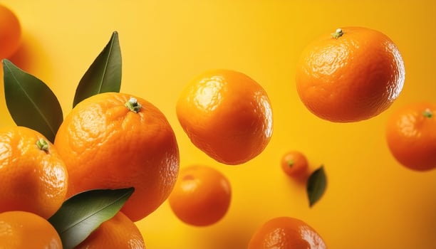 Flying mandarin oranges on a bright yellow background photo