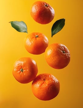 Flying mandarin oranges on a bright yellow background photo